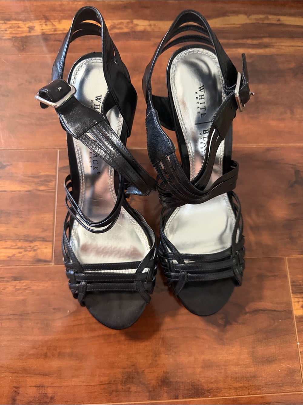 White House Black Market Black Leather Strappy Slingback Heels